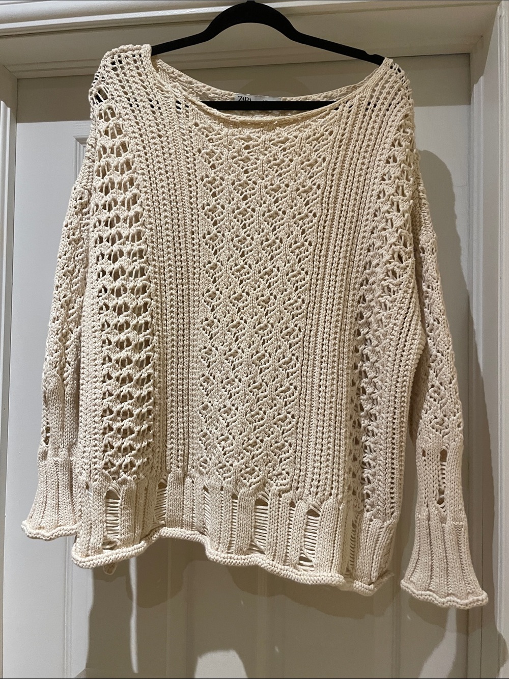 Zara Textured Cotton Blend Open Knit Sweater Cream Shimmer Oversized M Boho Chic